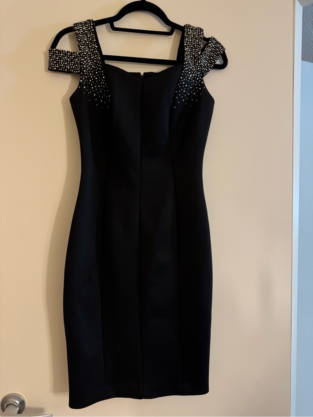 Calvin Klein Black Midi Sheath Dress with Crystal-Embellished Straps
